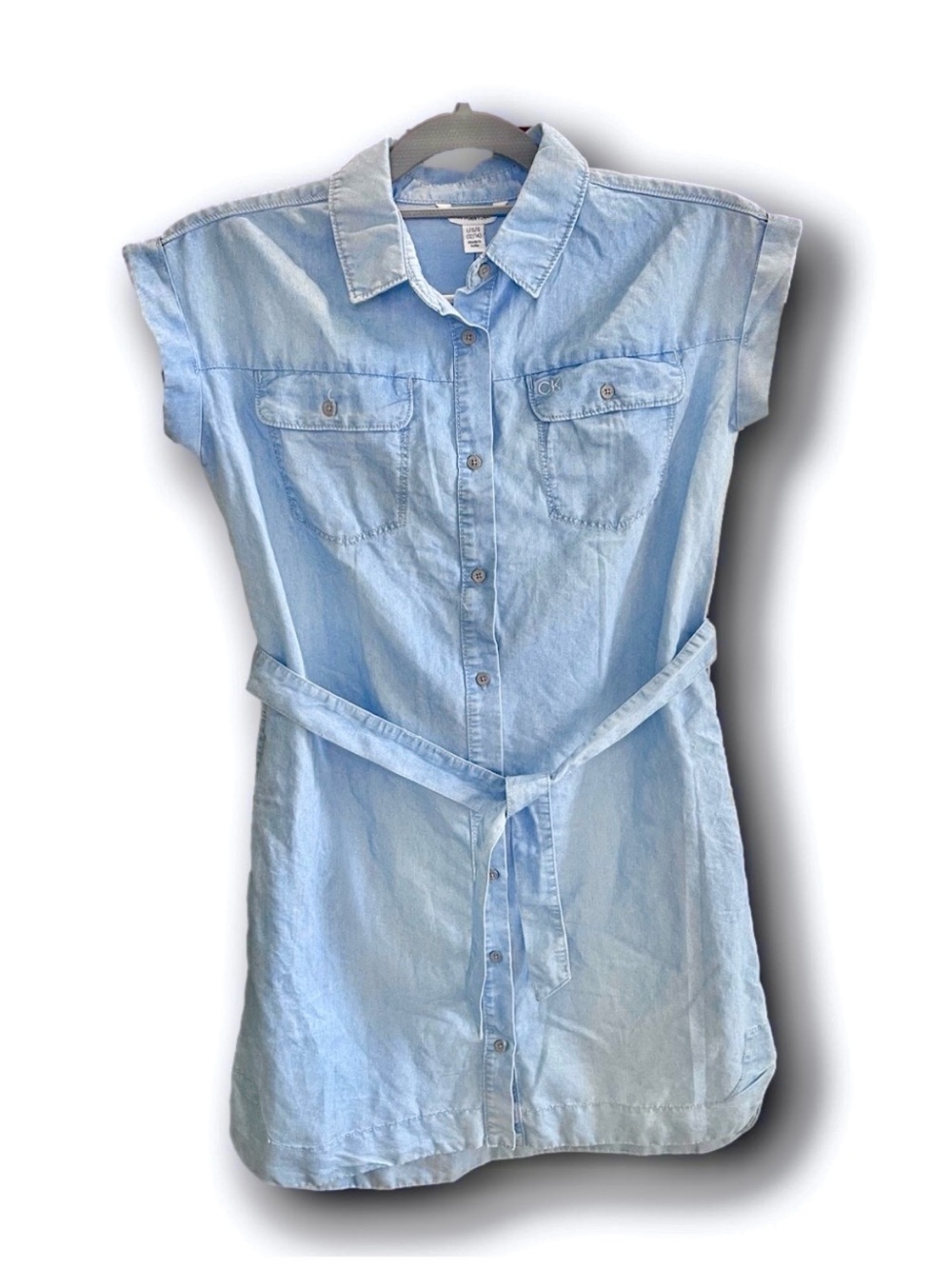 Calvin Klein Jeans Girls Light Blue Chambray Shirt Dress with Tie Waist
